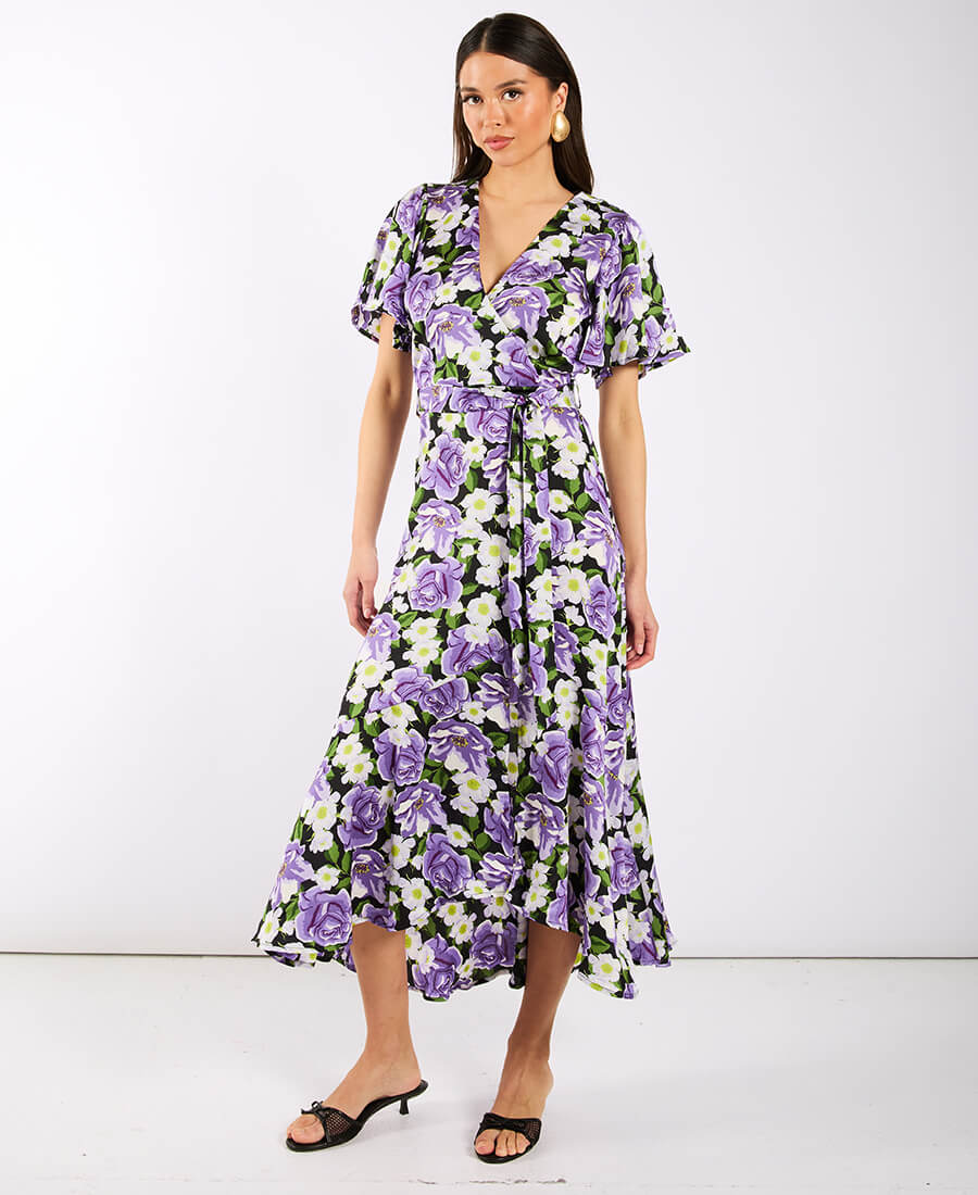 Purple Floral Wrap Midi Dress