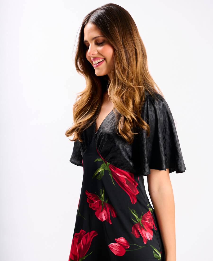 Red Floral Animal Mix Midi Dress