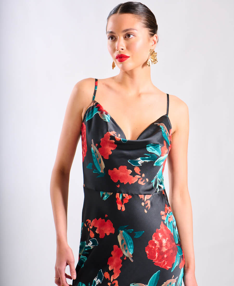 Red Floral Cowl Neck Satin Maxi Dress