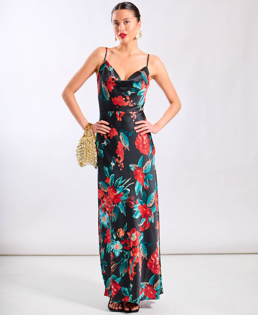 Floral Cowl Neck Satin Maxi Dress