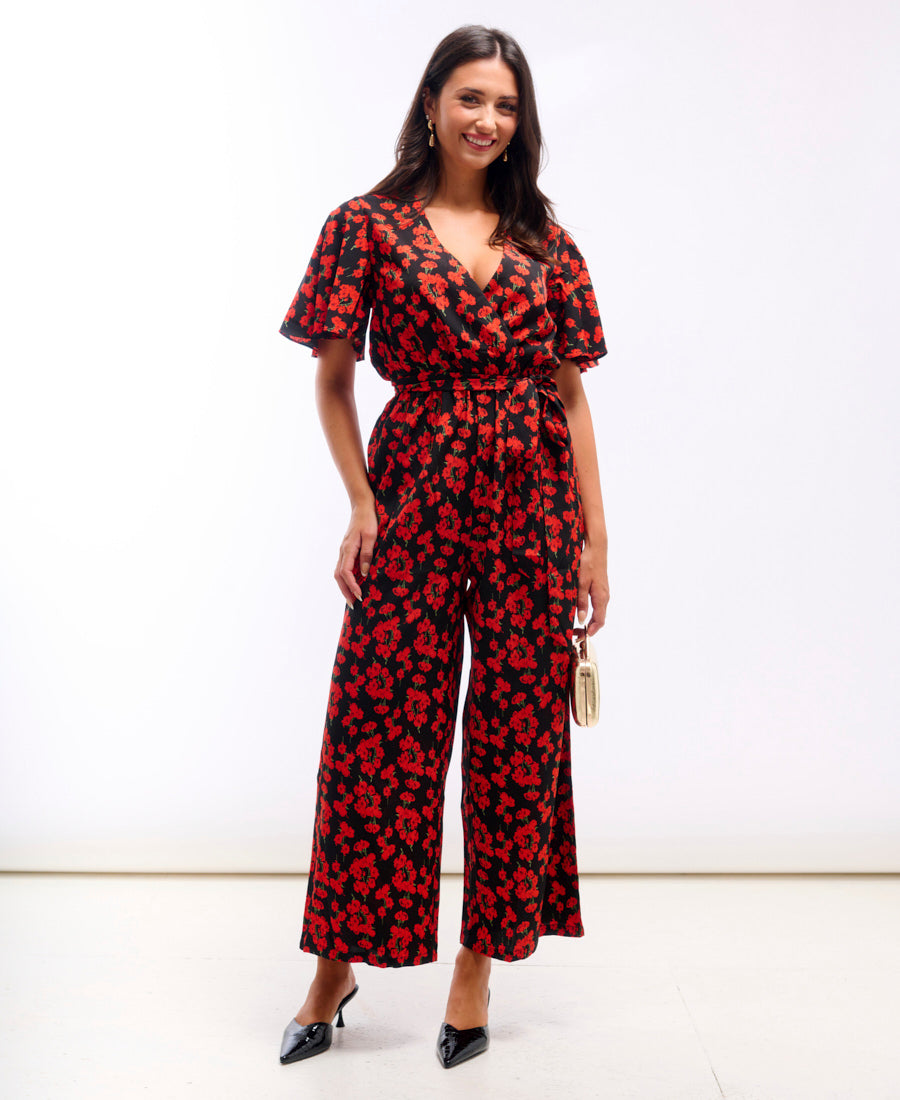 Red Floral Flutter Sleeve Jumpsuit