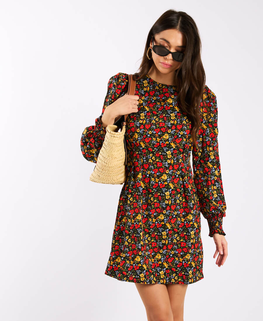 Red Floral Long_Sleeve Mini Dress