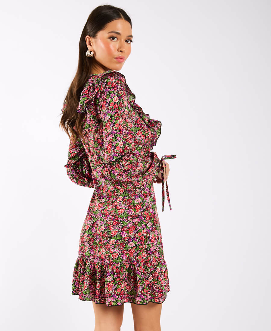 Red Mini Floral Long Sleeve Dress Side