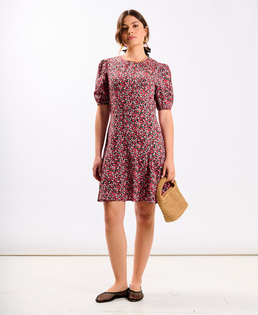 Red Floral Puff Sleeve Mini Dress
