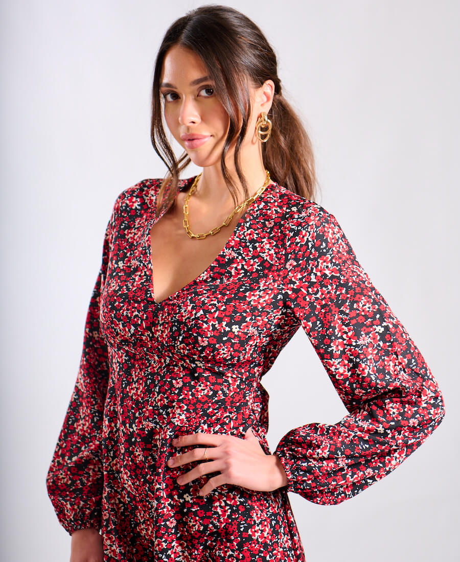 Red Floral Printed Long Sleeve Midi Dress