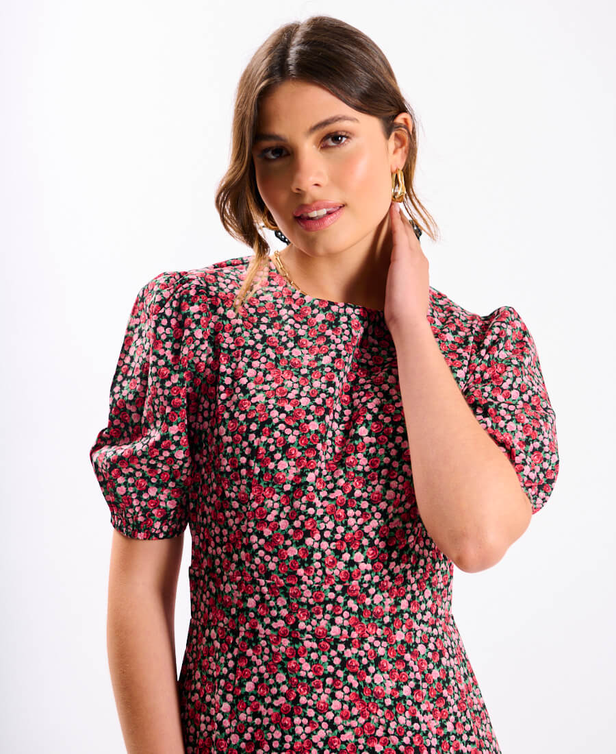 Red Floral Puff Sleeve Mini Dress