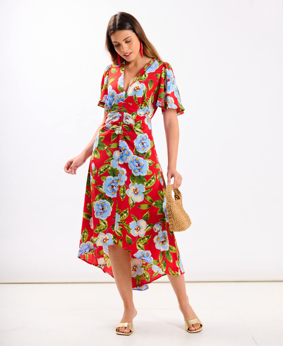 Red Oversize Floral Ruche Midi Dress