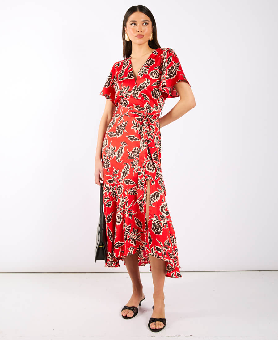 Red Floral Satin Wrap Midi