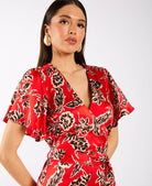 Red Floral Satin Wrap Midi dress