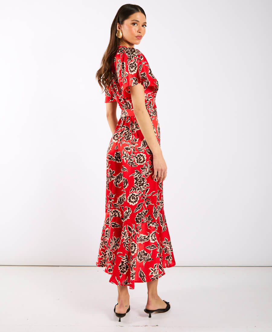 Red Floral Satin Wrap Midi side