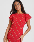 Red Flutter Short Sleeve Foil Midaxi Dress
