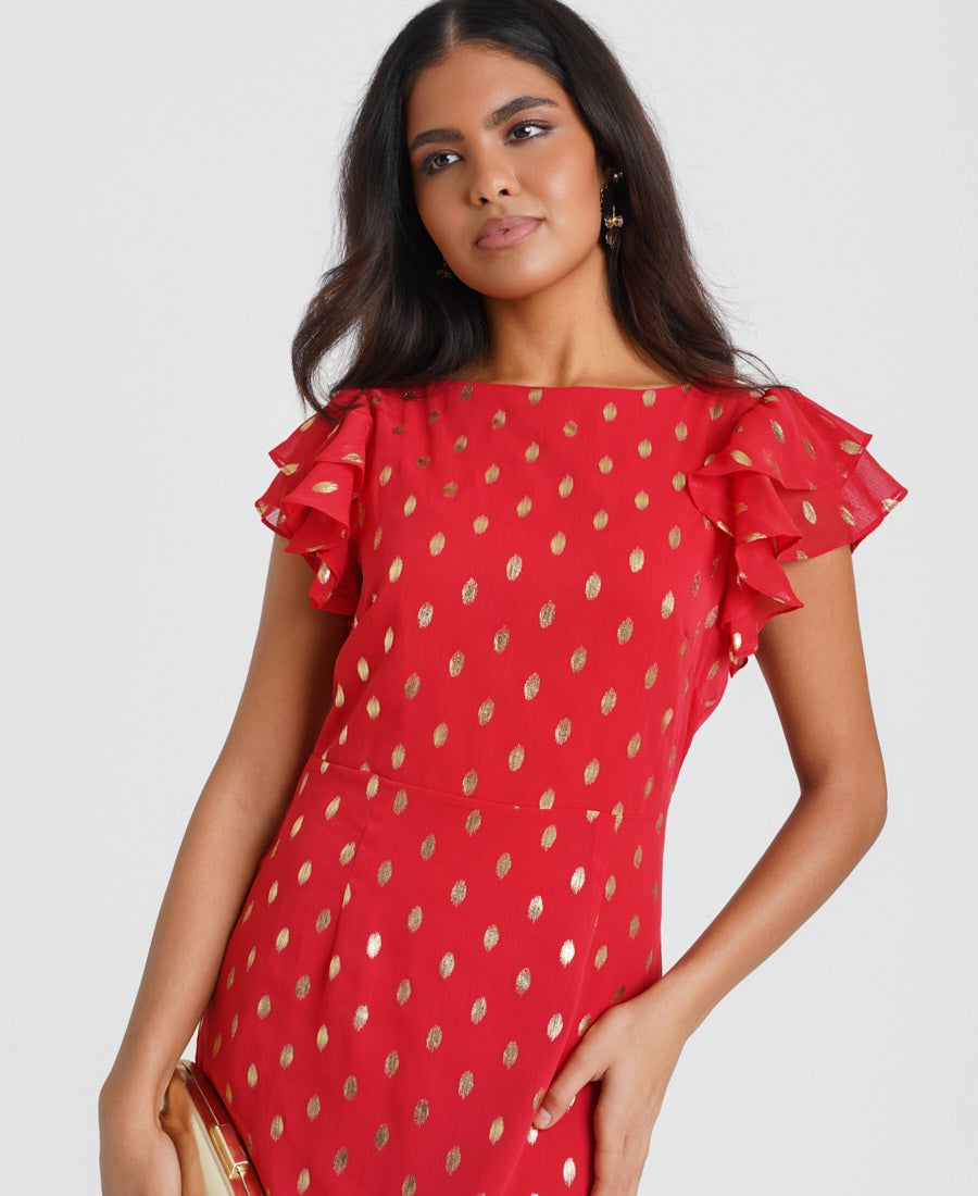 Red Flutter Short Sleeve Foil Midaxi Dress