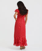 Red Flutter Sleeve Foil Midaxi Dress back