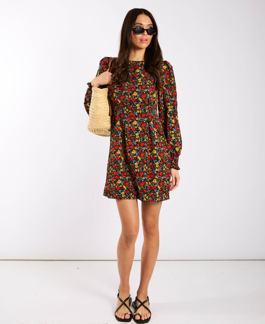 Red Floral Long Sleeves Mini Dress