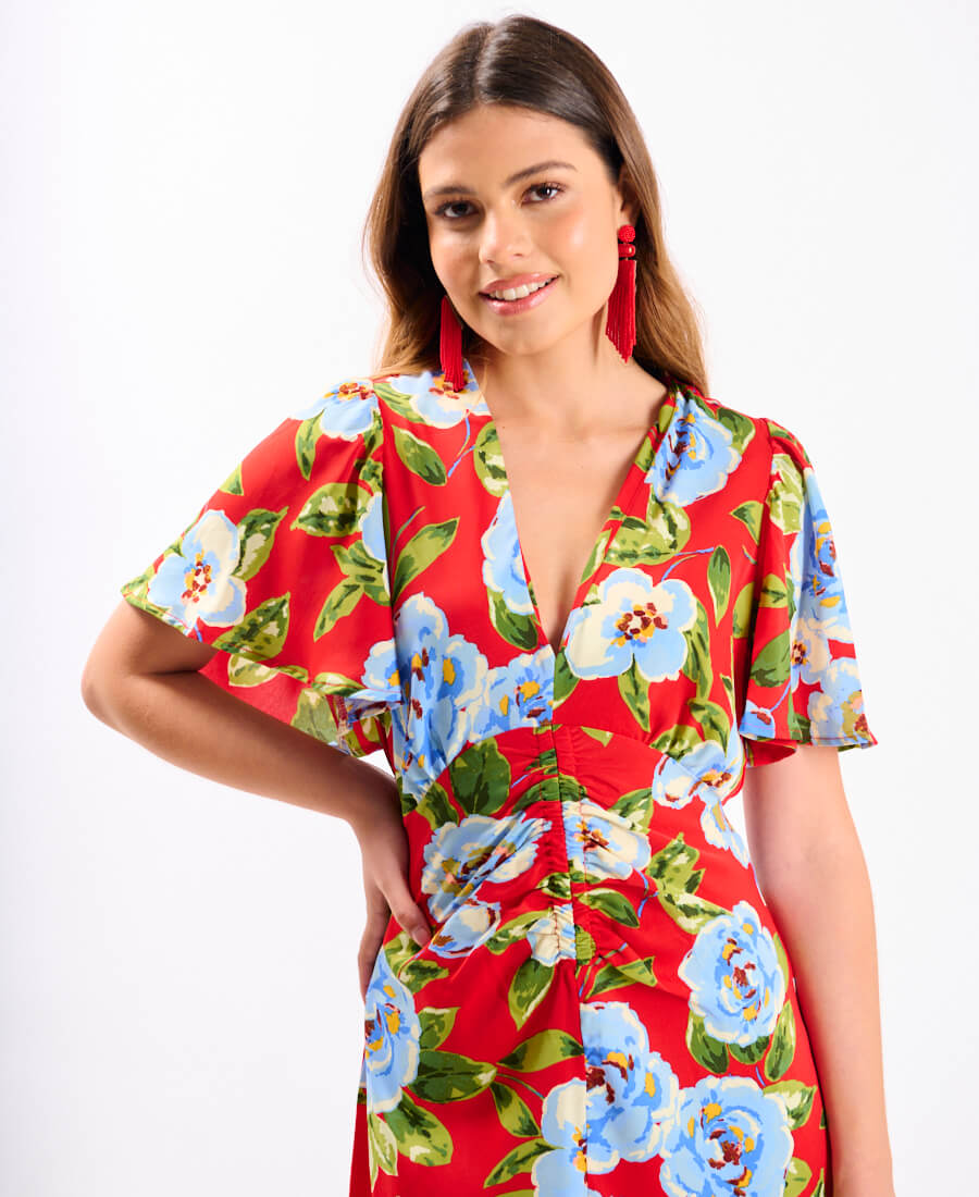 Red Oversize Floral Ruche Midi Dress