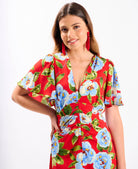 Red Oversize Floral Ruche Midi Dress