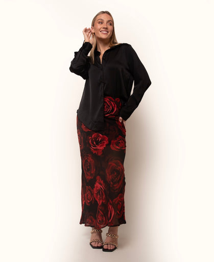 Rose Floral Maxi Skirt Red