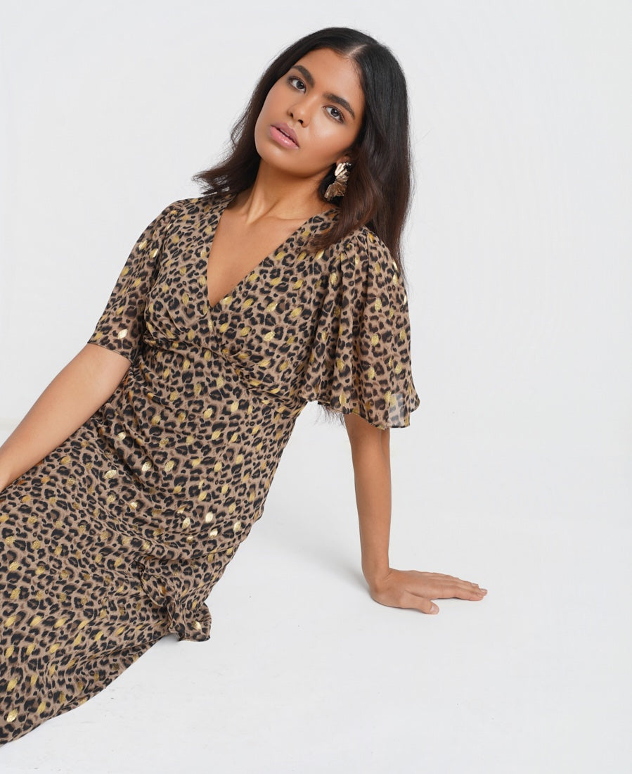 Ruffle Animal Foil Midi Dress