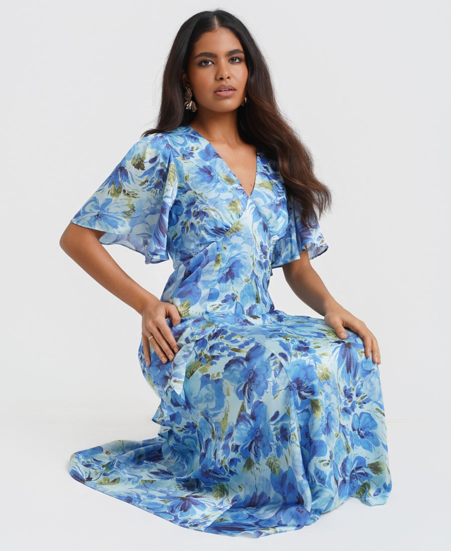 Ruffle Blue Floral Wedding Guest Midi Dress