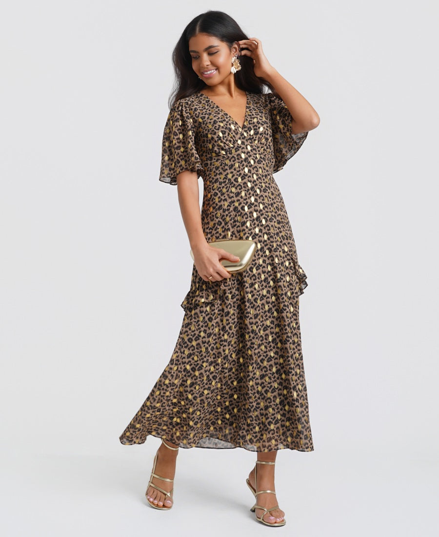 Ruffle Animal Foil Midi Dress