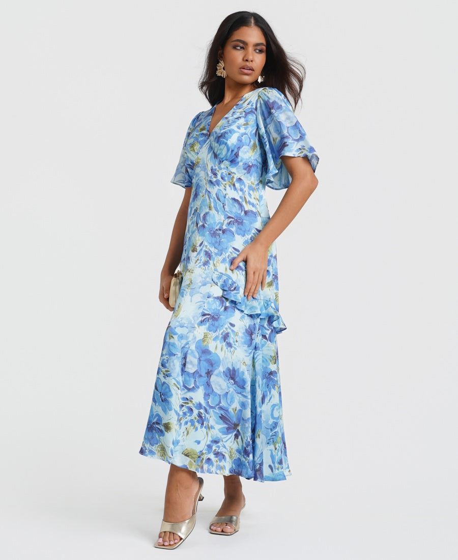 Blue Ruffle Floral Midi Dress