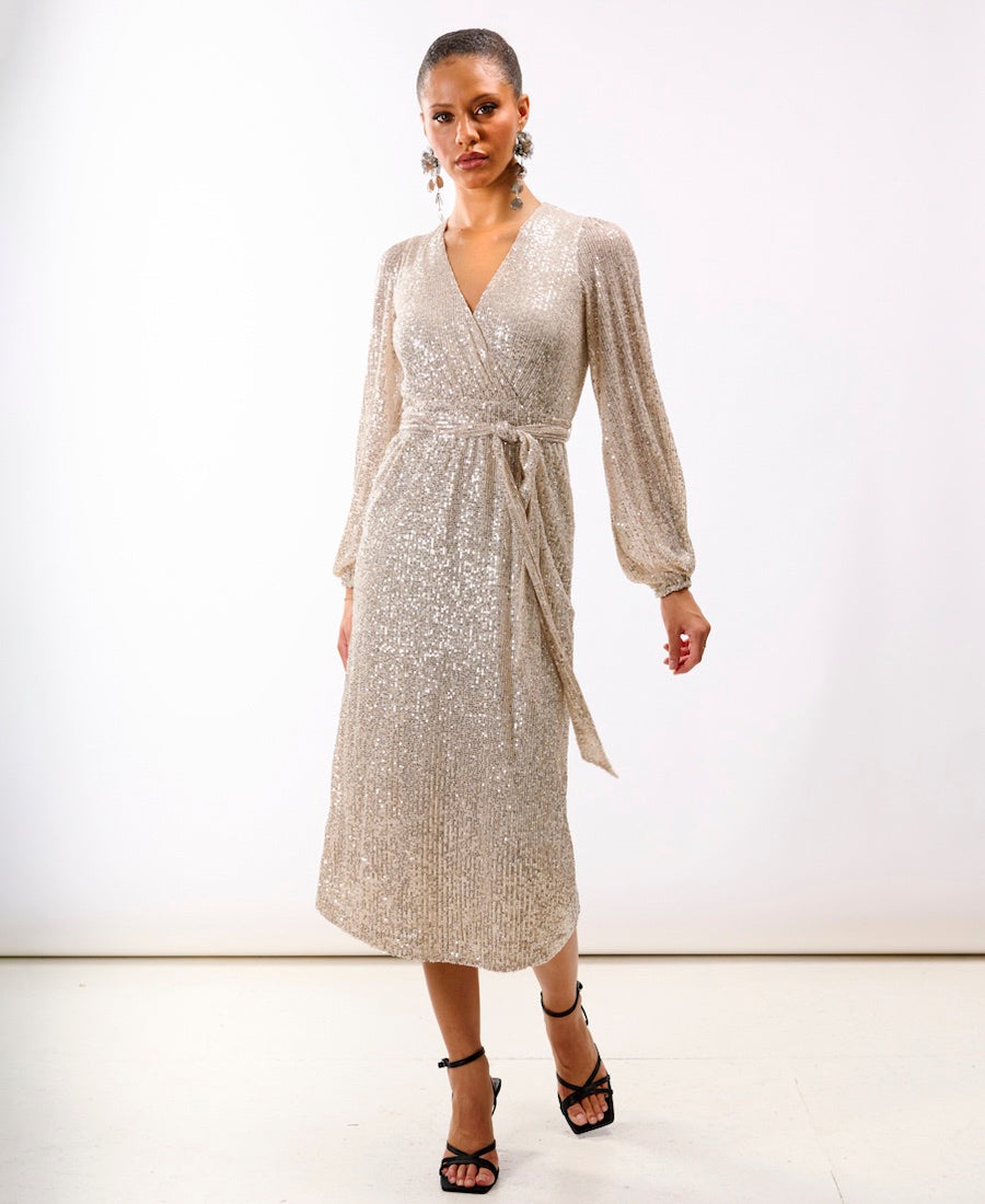 Cream Sequin Wrap Midi Dress