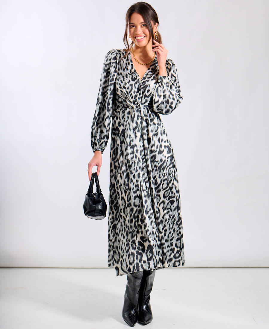 Animal Tie Front Midi Dress