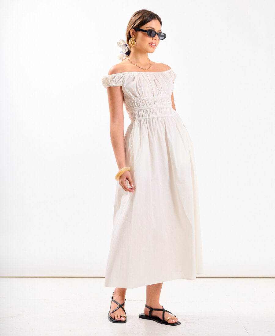 White Cotton Bardot Midi Dress