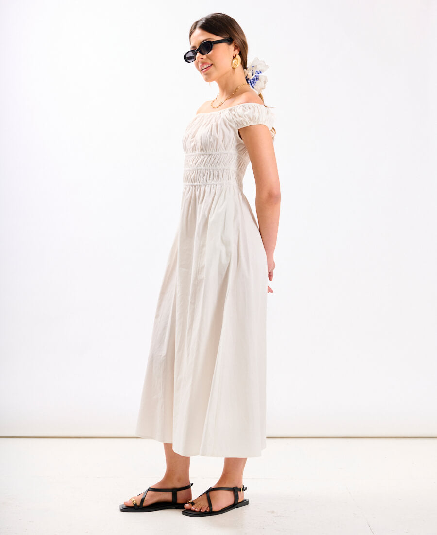White Cotton Bardot Midi Dress