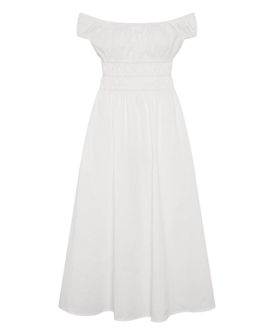 White Cotton Shirred Bardot Midi Dress
