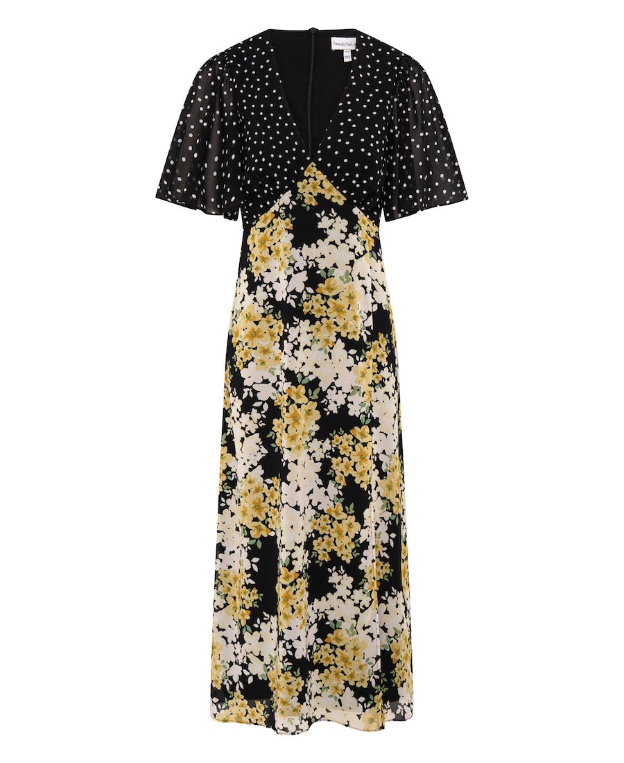 Yellow Floral Mix Flutter Sleeve Midi Dress