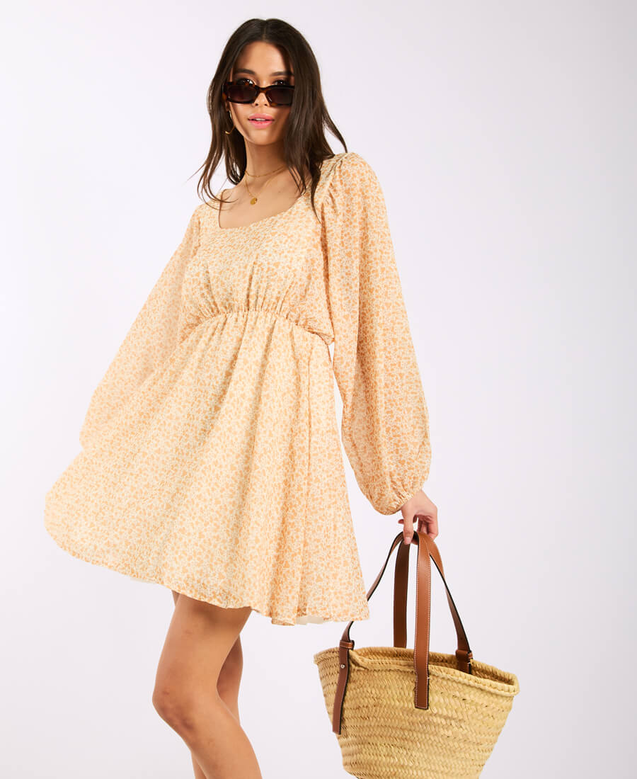 Yellow Floral Swing Dress Long Sleeve