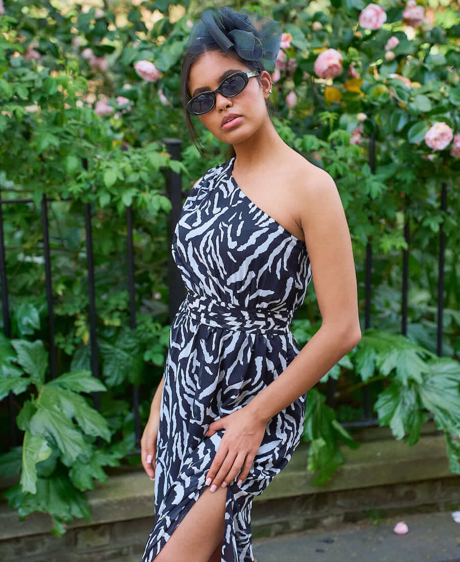 Black Animal One Shoulder Midi Dress