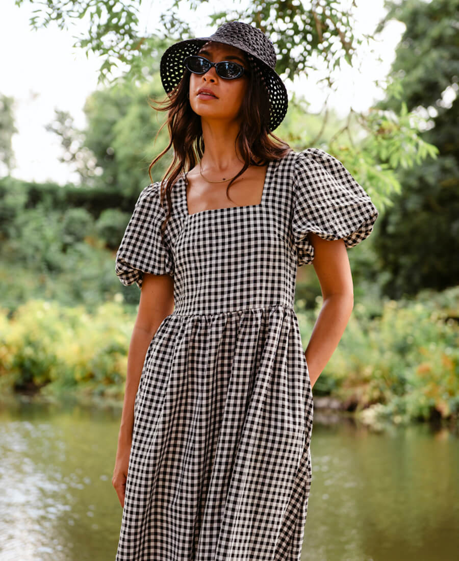 Vestito midi a quadretti Vichy nero