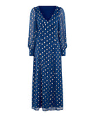 Blue Foil Maxi Dress long sleeves