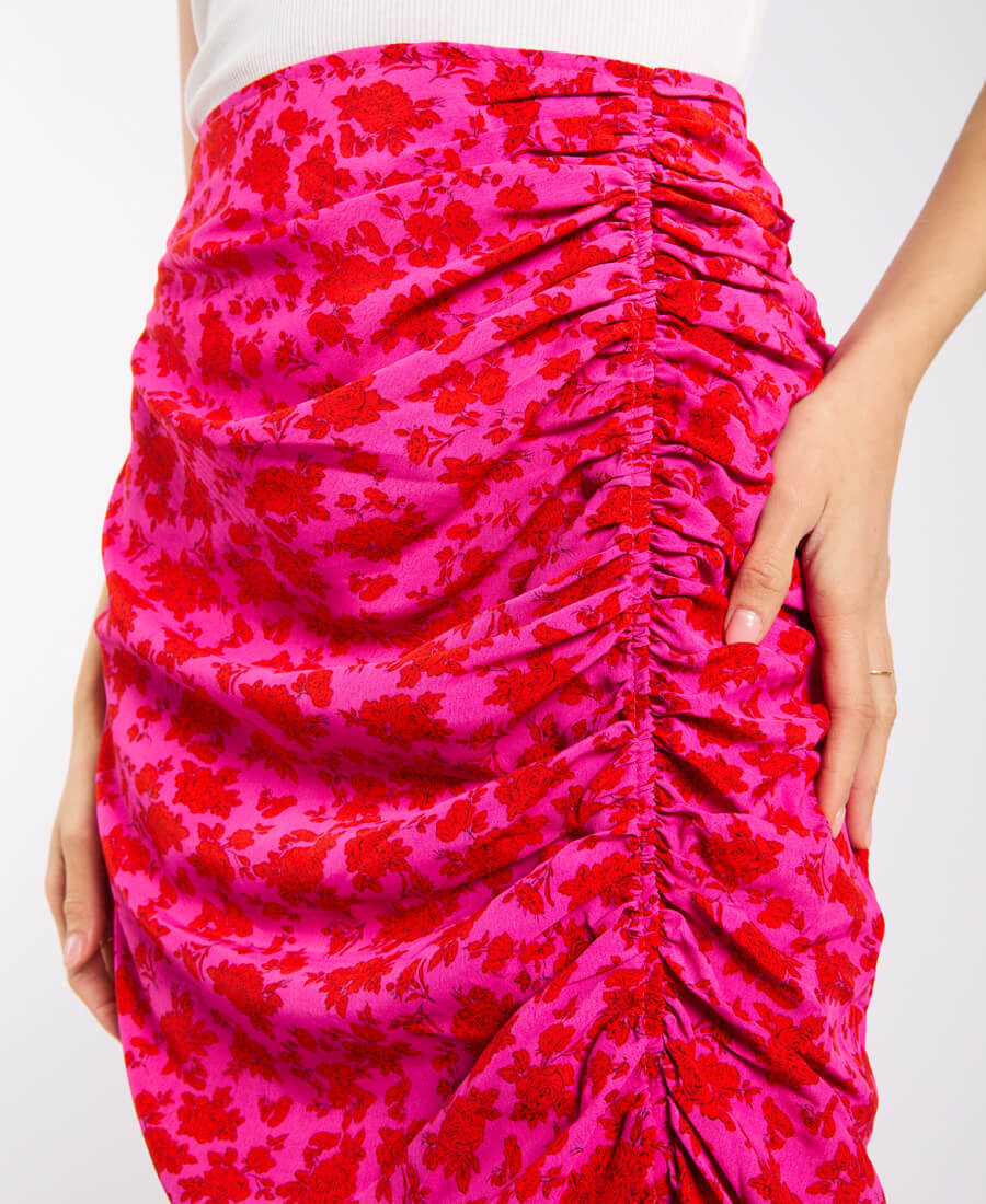 bold Pink Floral Ruche Side Midi Skirt