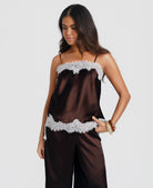 Brown satin camisole top with lace hem - close up