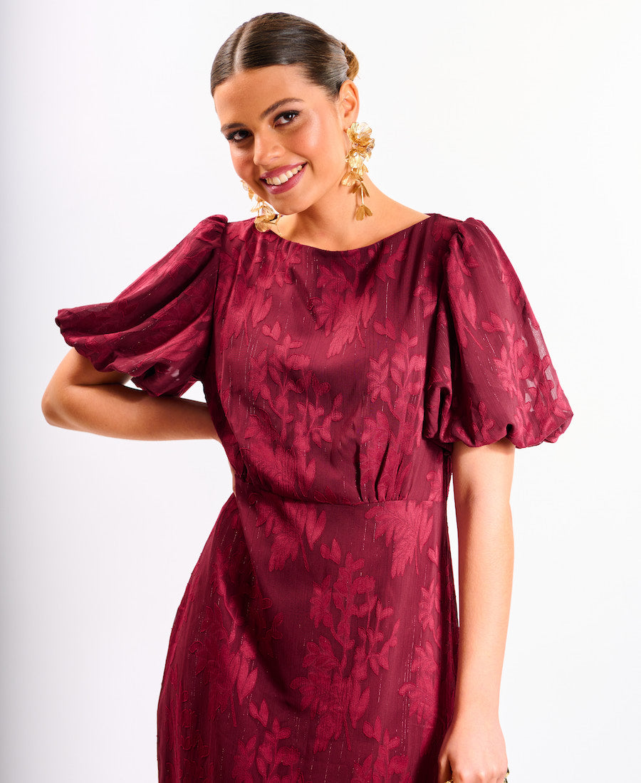 Burgundy Shimmer Puff Sleeve Midi Dress