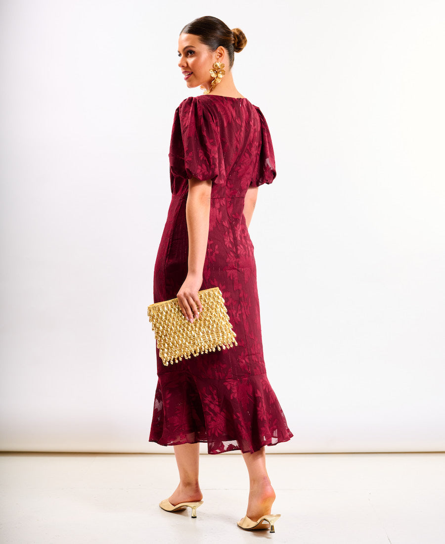 Burgundy Shimmer Puff Sleeve Midi Dress back