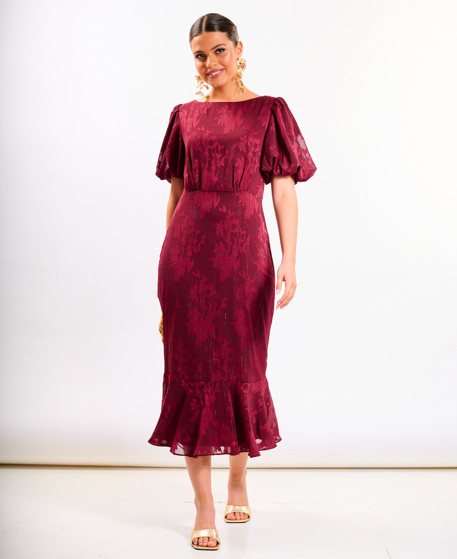Burgundy Shimmer Puff Sleeve Midi Dress front