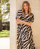 Cream Animal Viscose Puff Sleeve Midi Dress