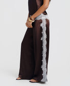 Brown satin wide leg trousers - lace trim detail