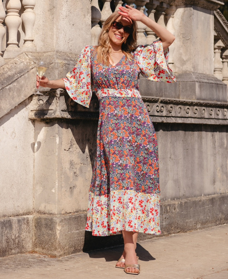 Contrast Floral Angel Sleeve Midi Dress