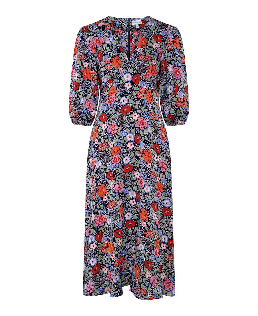 Multicoloured Floral Satin Midi Dress – Needs No Label