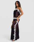 Brown satin trousers with lace side trim - side view