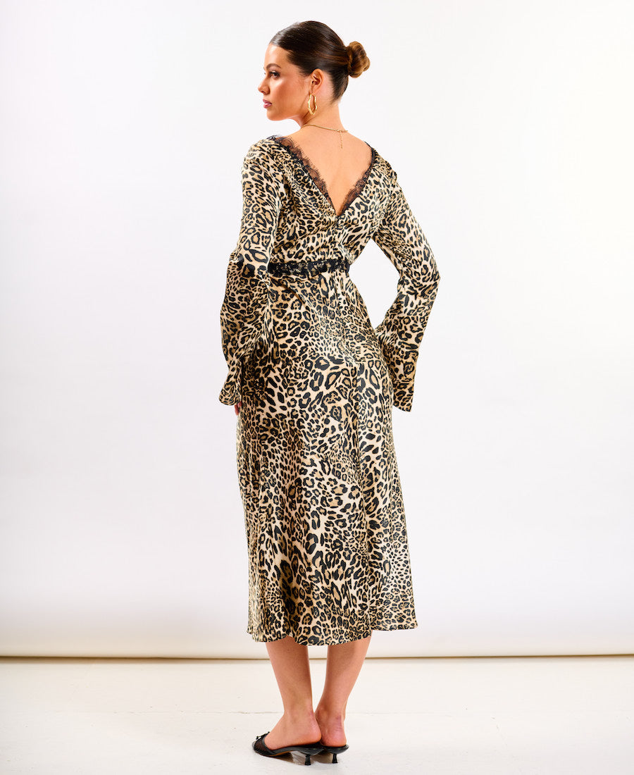 Animal Long Sleeve Lace Midi Dress