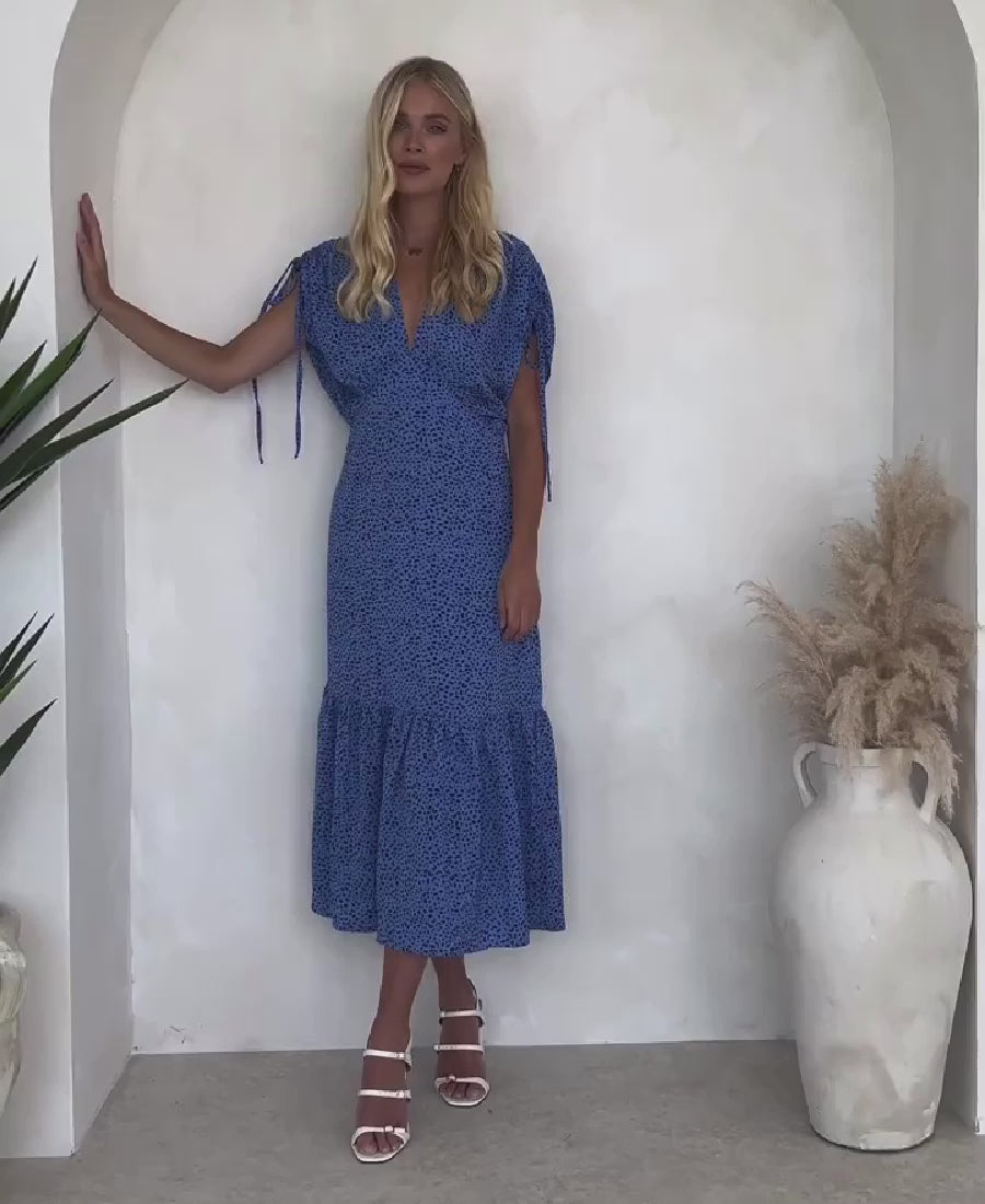 BLUE RUCHE SLEEVE DRESS