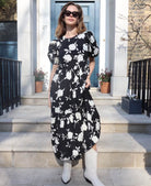 puff sleeve black white midi