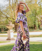 Purple Floral Wrap Midi Dress