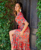 Red Floral Satin Wrap Midi Dress